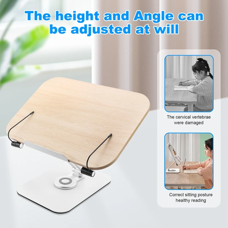 Book Stand Foldable Desktop Holder For Reading,With 360° Rotating Base & Page Clips