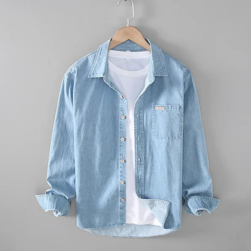 Printemps automne hommes à manches longues Denim chemise décontracté chemises amples carré pur coton Cowboy hauts japonais rétro lavé Jean chemises