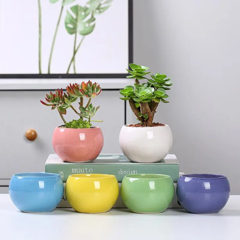 Porcelain Candy Color Flower Pot Succulent Plant Pot with A Hole Office Creative Bonsai Vase Container Planter Home Garden Decor
