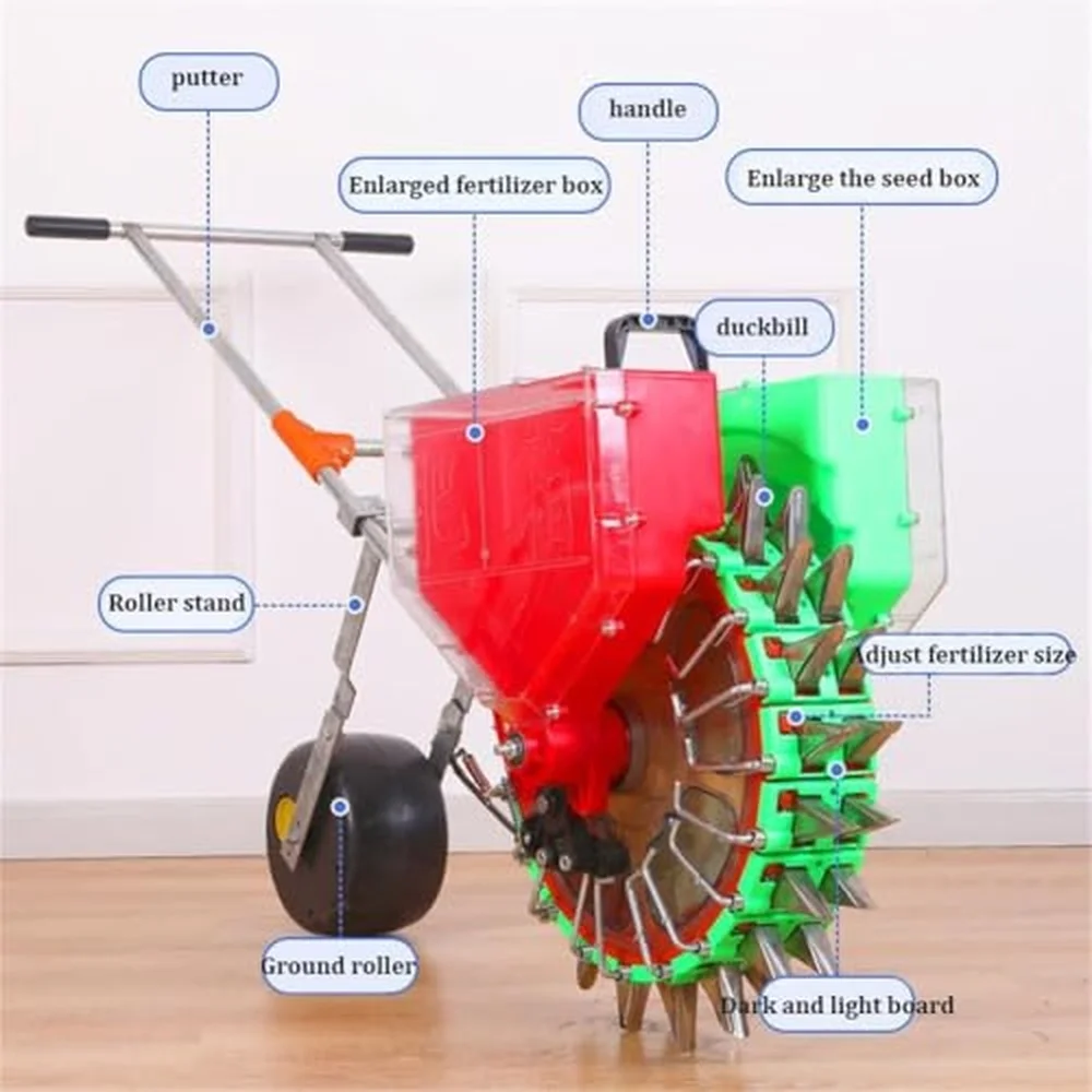 Double Port Hand Push Garden Seeder Seed Sower & Fertilizer Applicator Garden Push Seeder Planter Adjustable Pitch