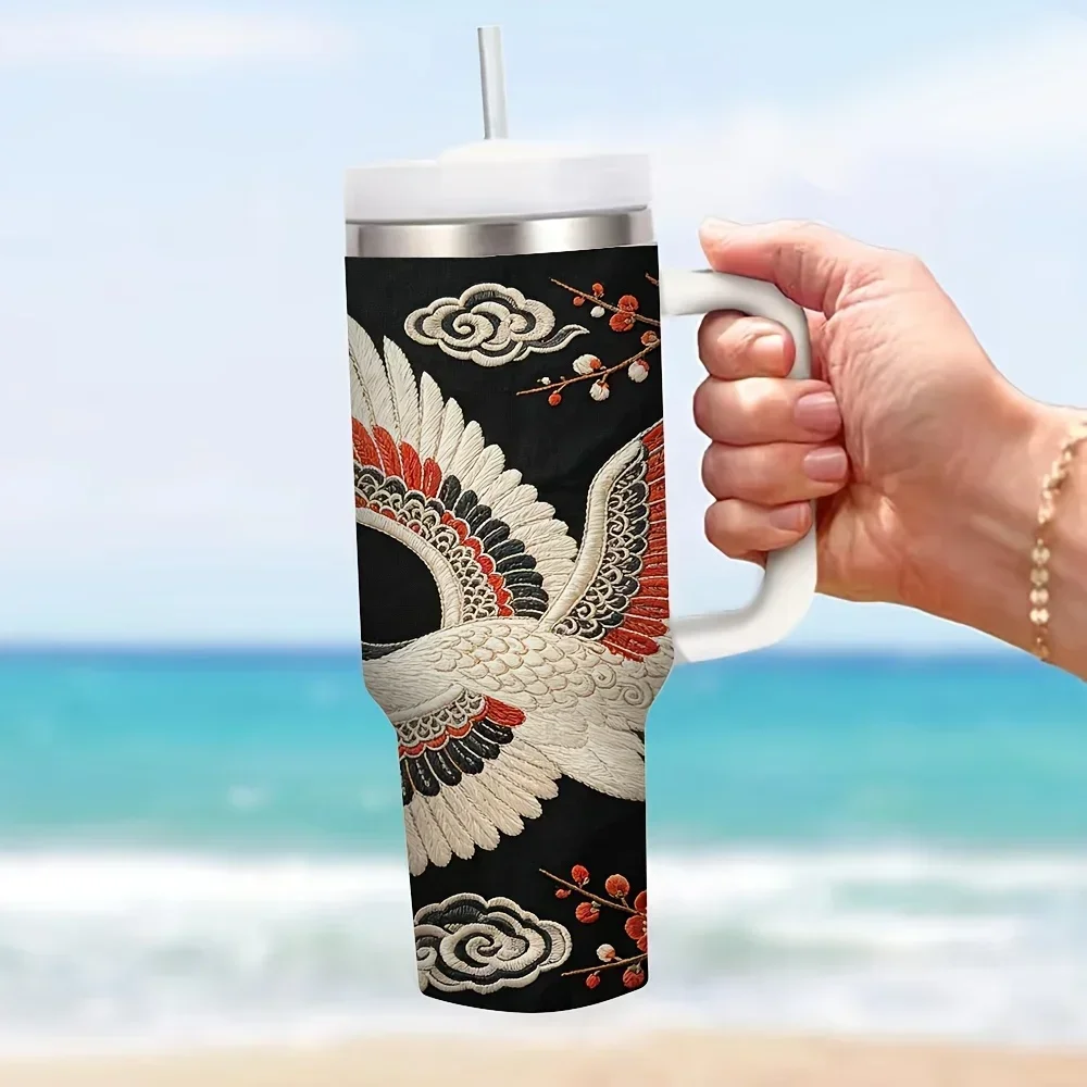 Vintage Embroidered Crane Cloud Plum Blossom Print 40oz Insulated Tumbler with Handle, Suitable for Men Women for Daily Use Travel And Office, Keeps Temperature for Hot And Cold Drinks
