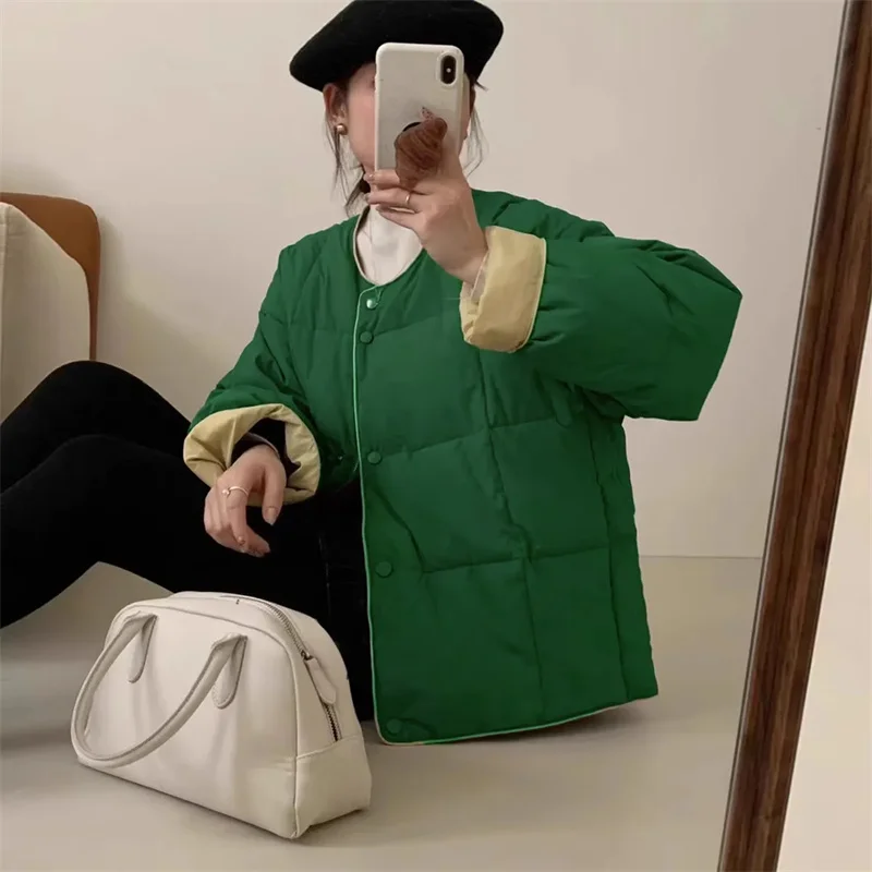 

Молочно-желтый 2024, осень-зима, новая хлопковая куртка, свободная возрастная куртка с круглым вырезом, маленькая простая короткая хлопковая куртка с цветными блоками