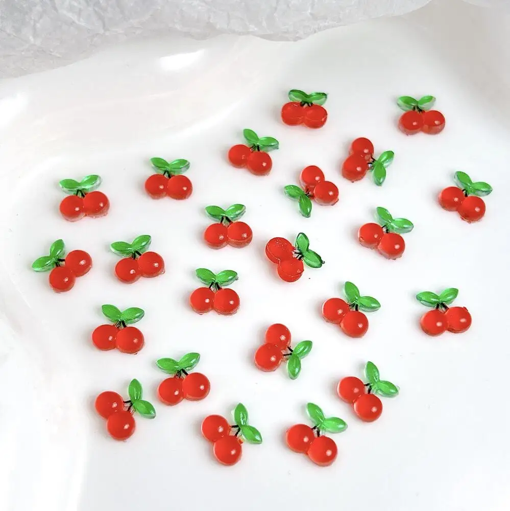 30PCS Kawaii Creative Simulated Cherry Resin Nail Charms 3D Ice Transparent Red Flat Bottomed Cherry Nail Art Decorations DIY