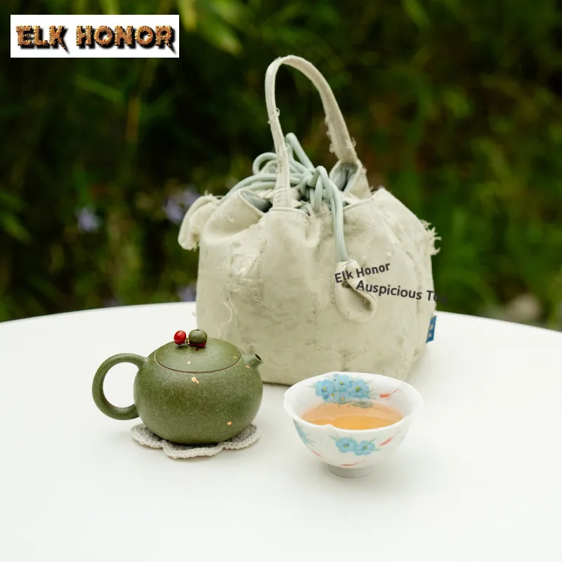 

Green Orange Gold Sprinkled Xishi Travel Tea Set Kit Elegant 1 Pot 3 Cups Tea Making Organizer Portable Picnic Handbag Tableware