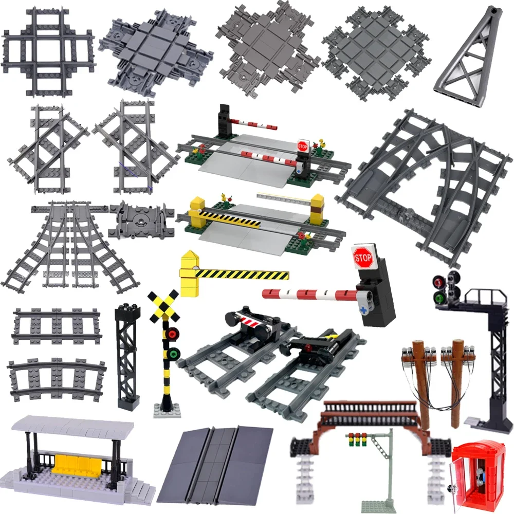 Piezas de tren de ciudad, bloques de construcción de vías, estación de tren, modelo de tope de ferrocarril, rieles rectos y curvos, juguetes MOC