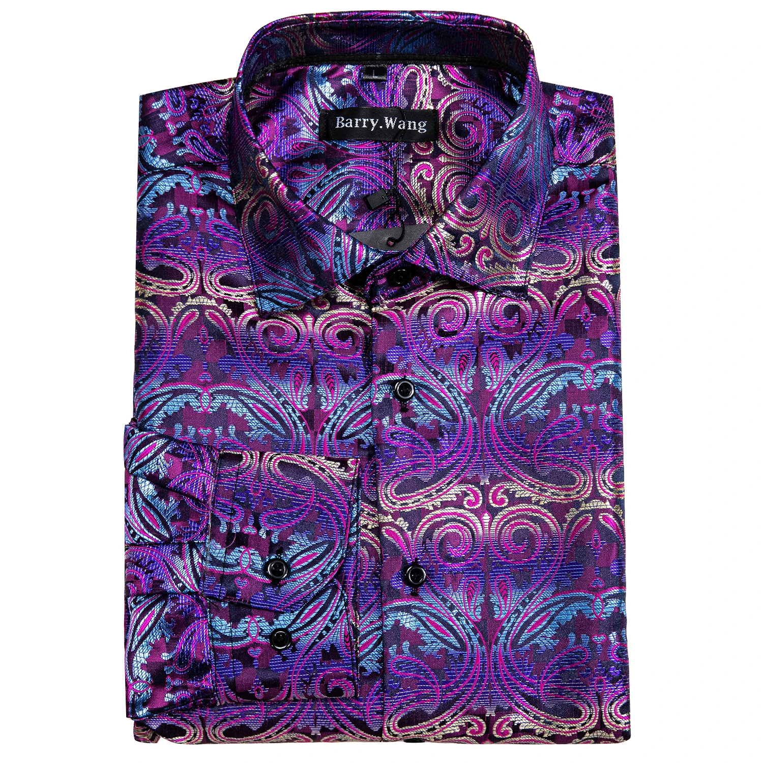 Barry.Wang 4XL Luxury Purple Paisley Silk Shirts Men Long Sleeve Casual Flower Shirts For Men Designer Fit Dress Shirt BY-0057