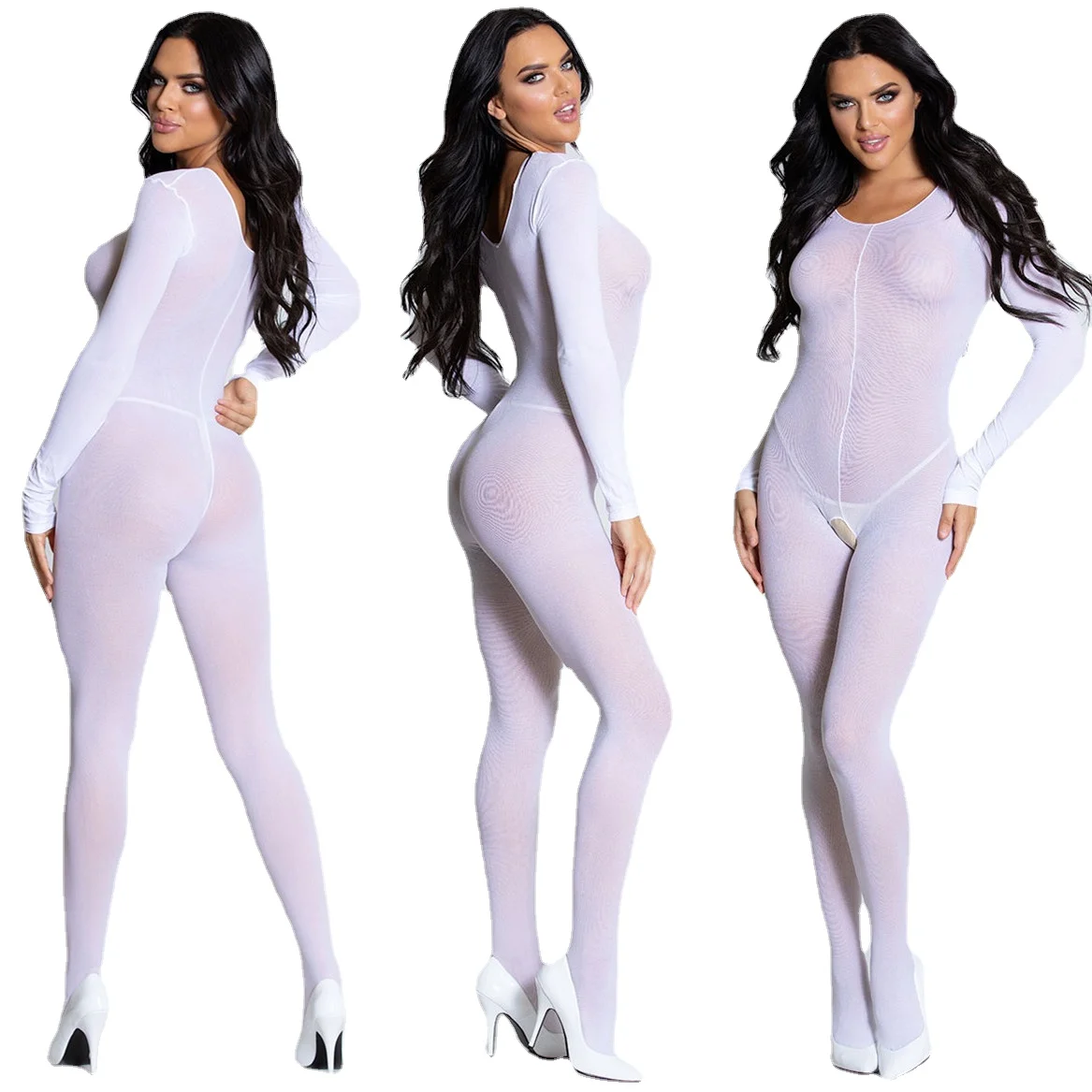 Erotic Lingerie Bodysuit Women Bodystocking Crotchless White Transparente Sexy Underwear Costumes Lenceria Catsuit Body Suit T18