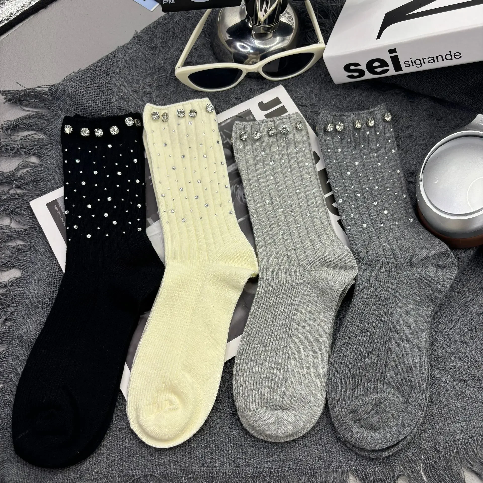 European Accessories personalized Fashion Heavy Industry Hot Stamping Nail Beads Outer Wear Decoration Mid Tube Socks Trendy