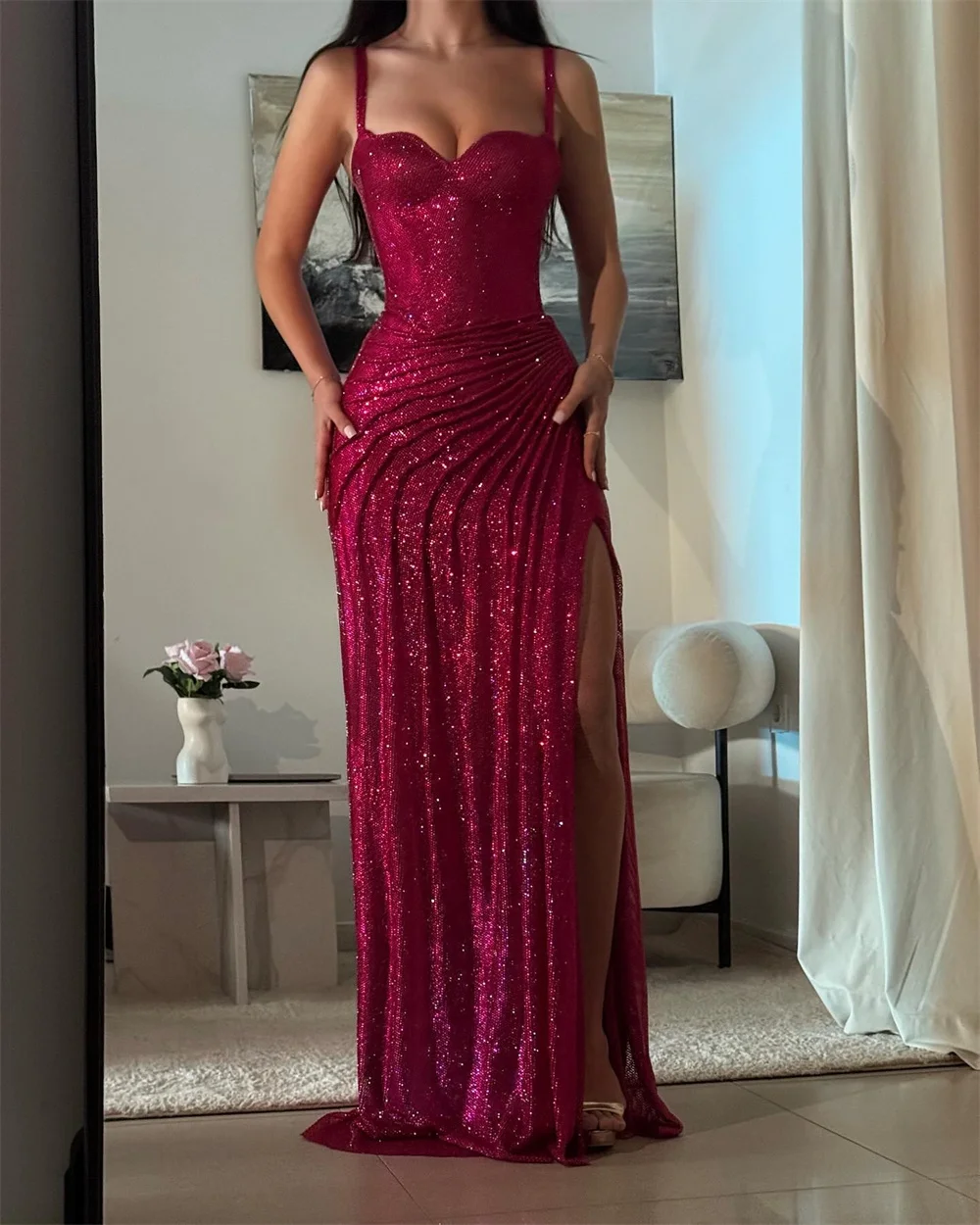 أماندا مخصصة لامعة بورجوندي غمد بلا أكمام فستان حفلة موسيقية السباغيتي حزام Sexyvestidos de noche طول الأرض مساء رسمي