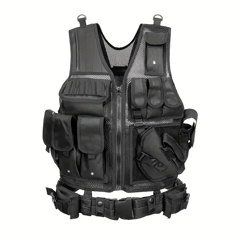 Multifunctional 600D Nylon Vest with Detachable Belt and Holster, Outdoor Adjustable and Breathable Training Vest for CS Gaming,