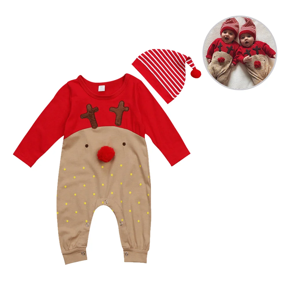 Newborn Baby Boys Girls Christmas Long Sleeve Red Nose Cartoon Reindeer Pajama Jumpsuit Stripe Hat Bodysuit Set Suitable for 12-