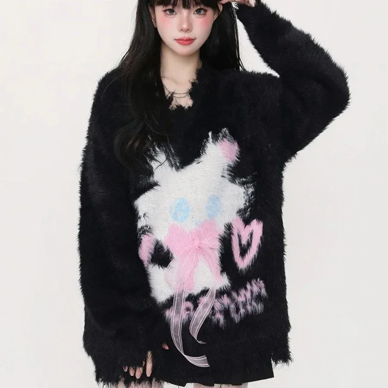 Swetry damskie Furry Chic Sweet V-neck Hole Knitted Soft All-match Korean Fashion Kawaii Studenci Codzienne swetry jesienno-zimowe