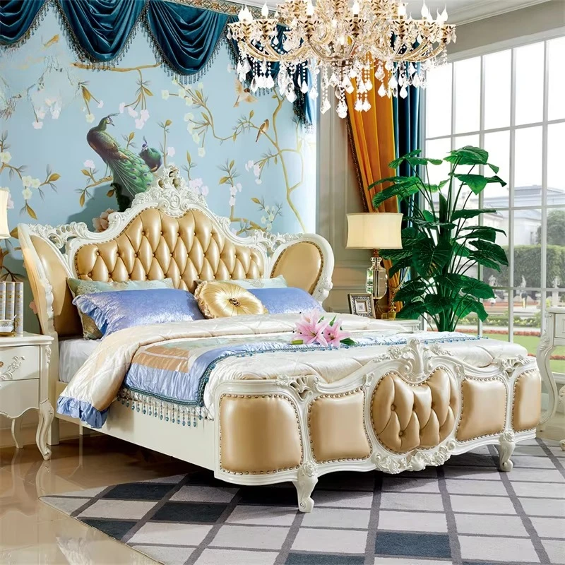 

ws-New Arrival Luxury King Size Antique Style Comfortable Solid Oak Wooden Bed with Dresser Soft Bed Customizable Colors@