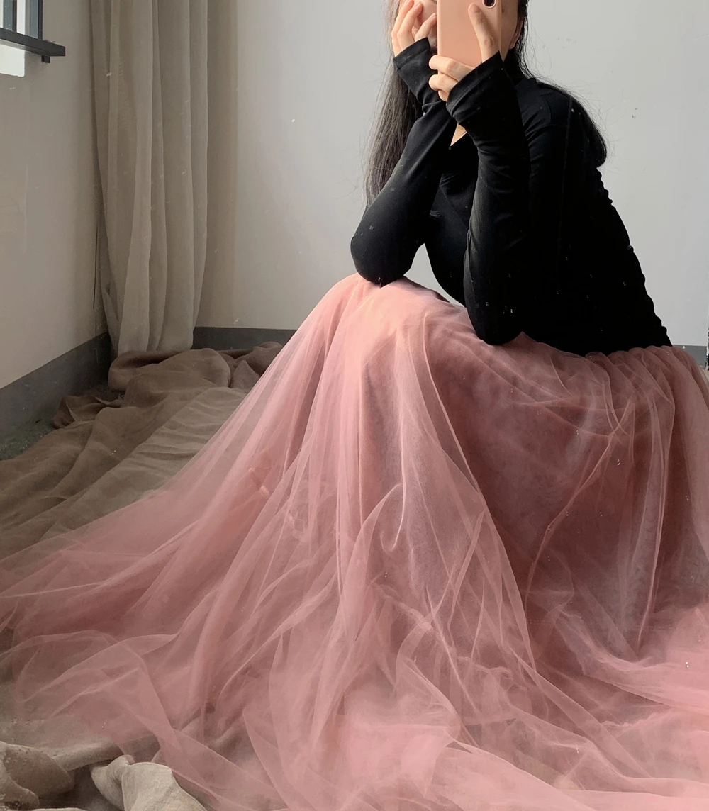 Women Midi Tulle Skirts High Waist Layered Solid Color Flowy A-line Long Tutu Skirts