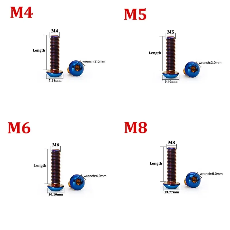 M4-M8 Half Round Head Motorcycle Modification Screw 304 Stainless Steel Titanium Plating Blue Mushroom Head Hex Socket Screw