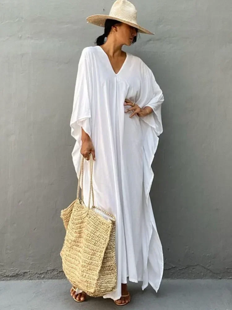 

2025 new Solid Bikini Cover-Ups Women Beach Cover Up V-Neck Slit Cut Plus Size Beach Long Dress Summer Fashion Female Beachwear