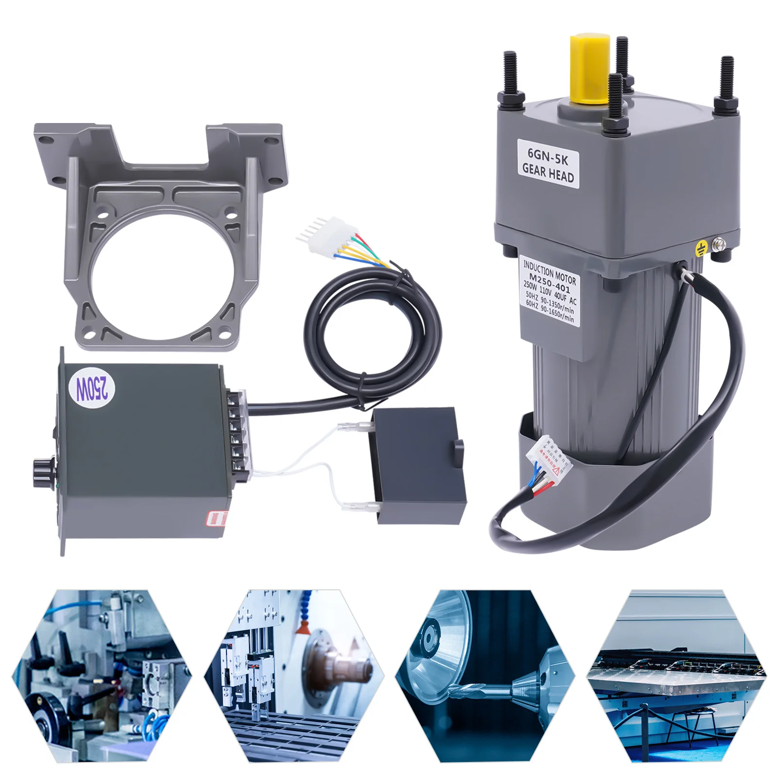 250W 110V AC Gear Motor with Variable Speed Controller and Bracket Single-Phase Gear Reducer Motor Reversible High Torque Motor