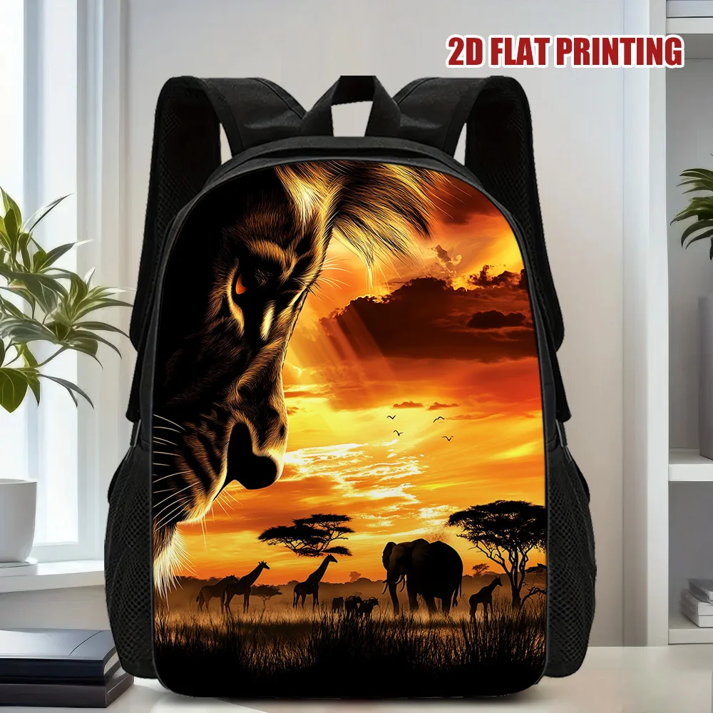 

A stylish 2D flat print backpack depicting African sunset desert adventure scenes, perfect for school, travel