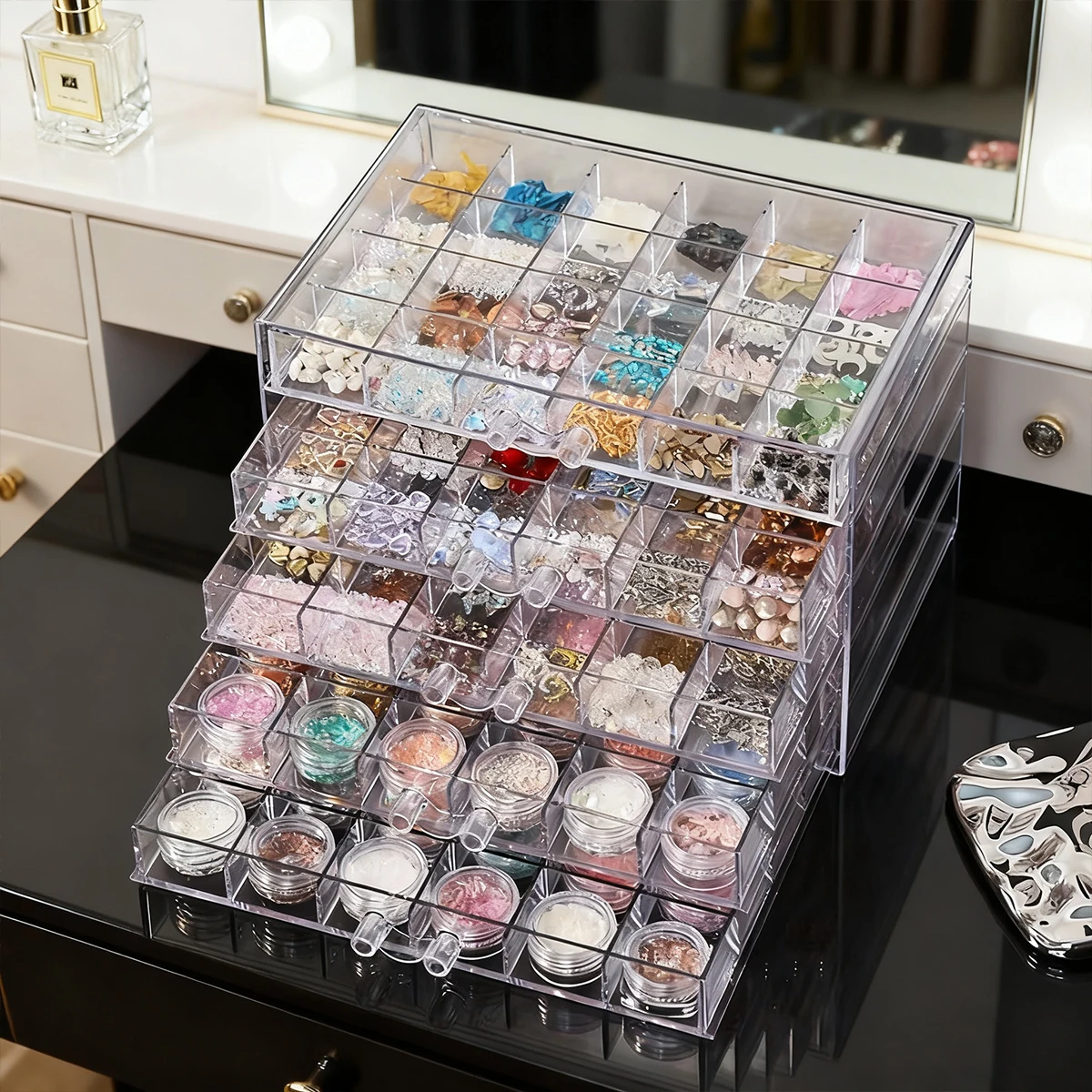 

1 шт., акриловый многофункциональный ящик для хранения украшений с бриллиантами для ногтей, настольный штабелируемый органайзер для ювелирных изделий из бисера