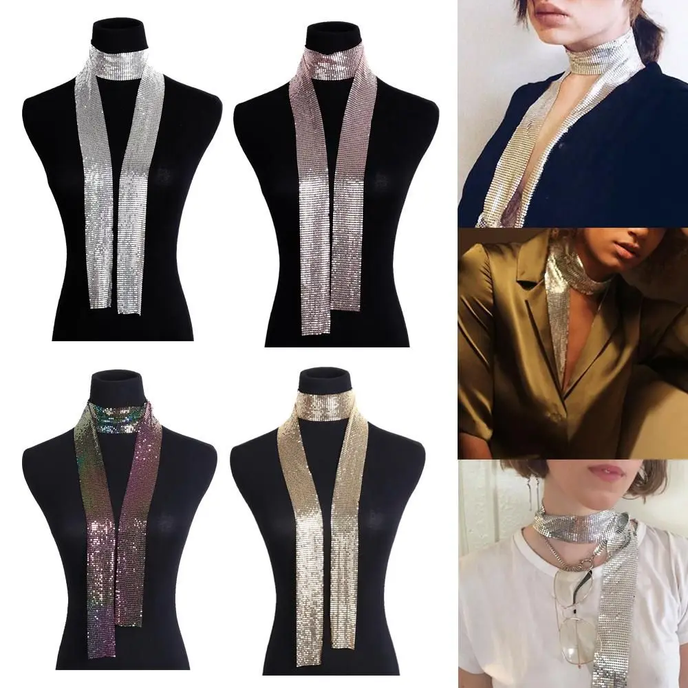 Sexy Punk Statement Aluminium Alloy Sparkly Sequins Scarf Ladies Cocktail Long Choker Neck Collar