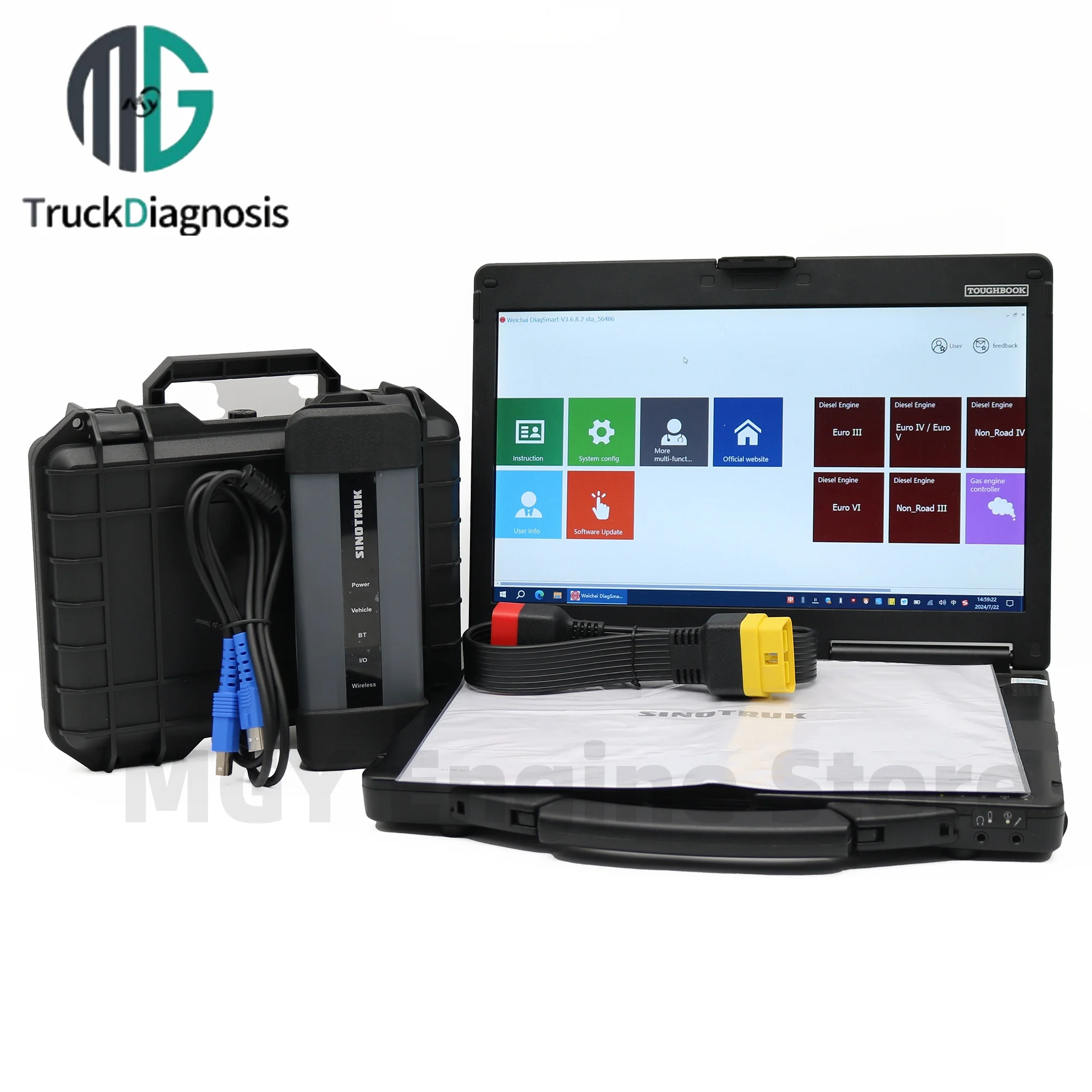 For Sinotruk HOWO SHACMAN WeiChai OBD Diesel for HOWO A7_T7H_Sitrak Hohan Truck Scanner Diagnostic Toolsv with CF53 Laptop