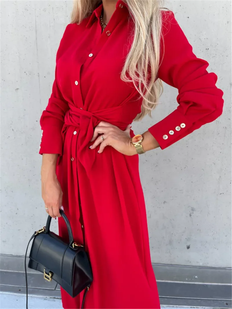 Women's New Autumn and Winter Fashion Shirt Lace-up Dress Solid Color Lapel Long Sleeve Single Breasted Cardigan Dress Vestidos