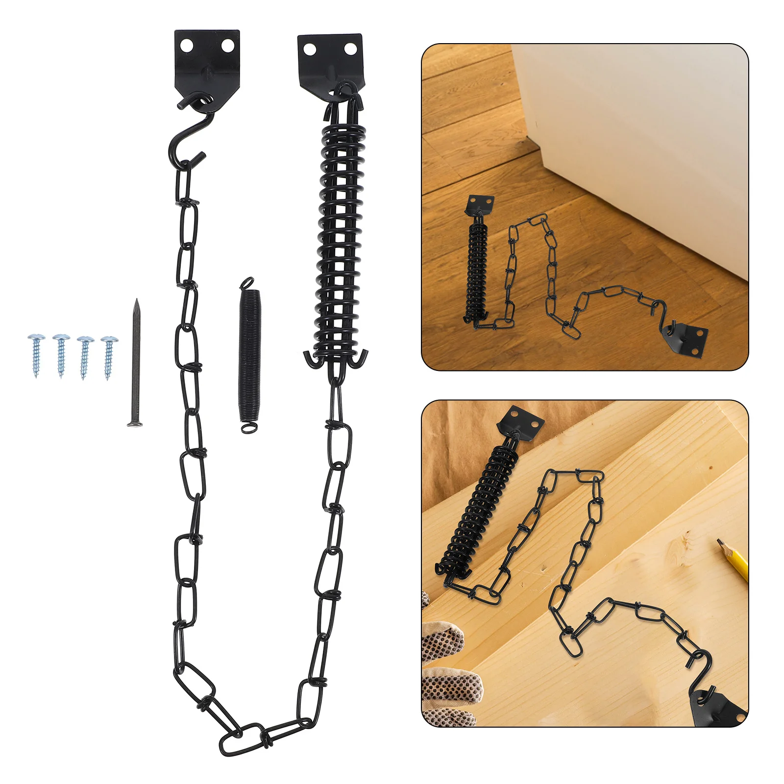 

2 set Heavy Duty Black Storm Chain Spring Kit Anti-Theft Security Latch Guard Adjustable Windproof Lock Metal Chain Door Guard