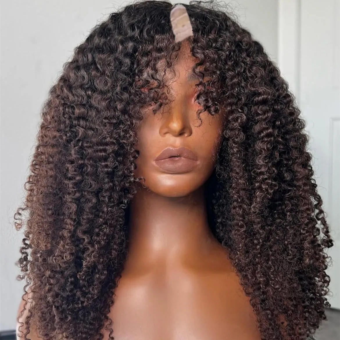 

Chocolate brown Afro Kinky Curly V Part Wig 100% Human Hair Wig Water Wave Ombre Chestnut Brown U Shape 250Density 1×4 Open Lace
