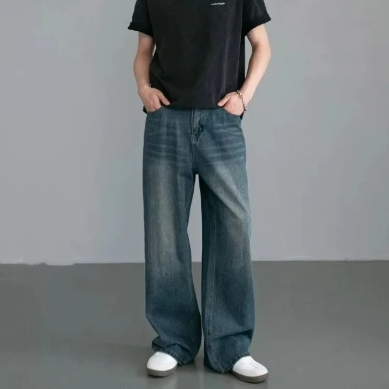 

Autumn Winter American Retro Elastic Waist Jeans Men's Loose Straight Wide-leg Long Pants