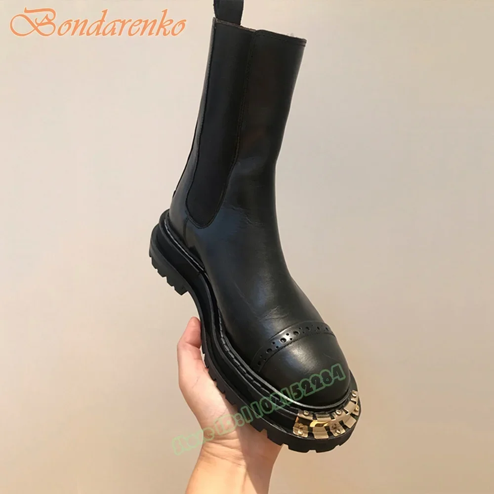 

New Carved Short Boots Round Toe Leather Solid Slip On Women Shoes Autumn Winter Party Casual Ankle Boots Thick Sole Metal Show