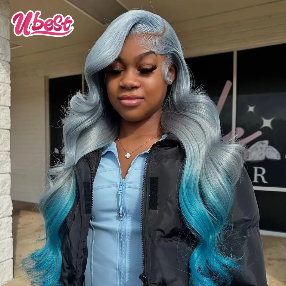 

Ubest Ombre Silver Blue Colored Body Wave 13x6 Lace Front Wigs Brazilian 100％ Human Hair Transparent Wig Pre Plucked For Women