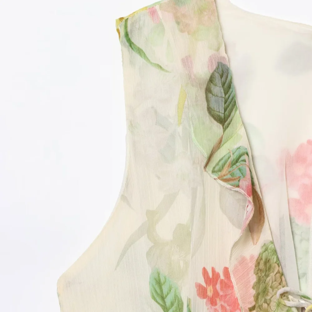 فستان مفتوح بتصميم مطبوع عليه زهور ورقبة على شكل حرف V بدون أكمام وسحاب خلفي من الدانتيل فستان صيفي جديد للسيدات على طراز العطلة