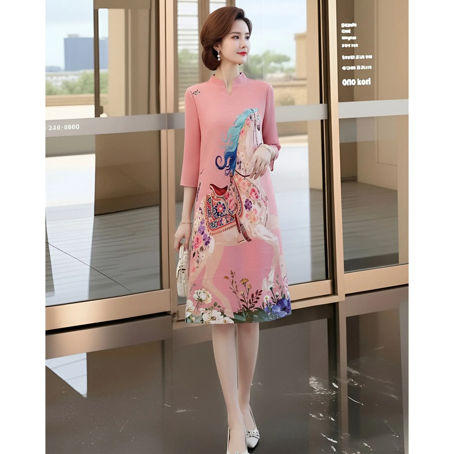 Miyake Style Red Year of The Horse Chinese Style Print Women's Pleated Dress Half Sleeve Stand Collar Midi Dress Formal Event