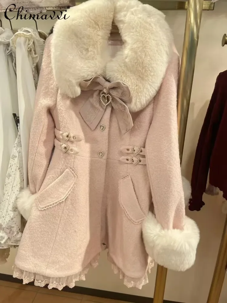 Winter New Japanese Style Sweet Bow Slim Long Woolen Coat Faux Fur Collar Lolita Girl Women's Pink White Wool Jacket Overcoat