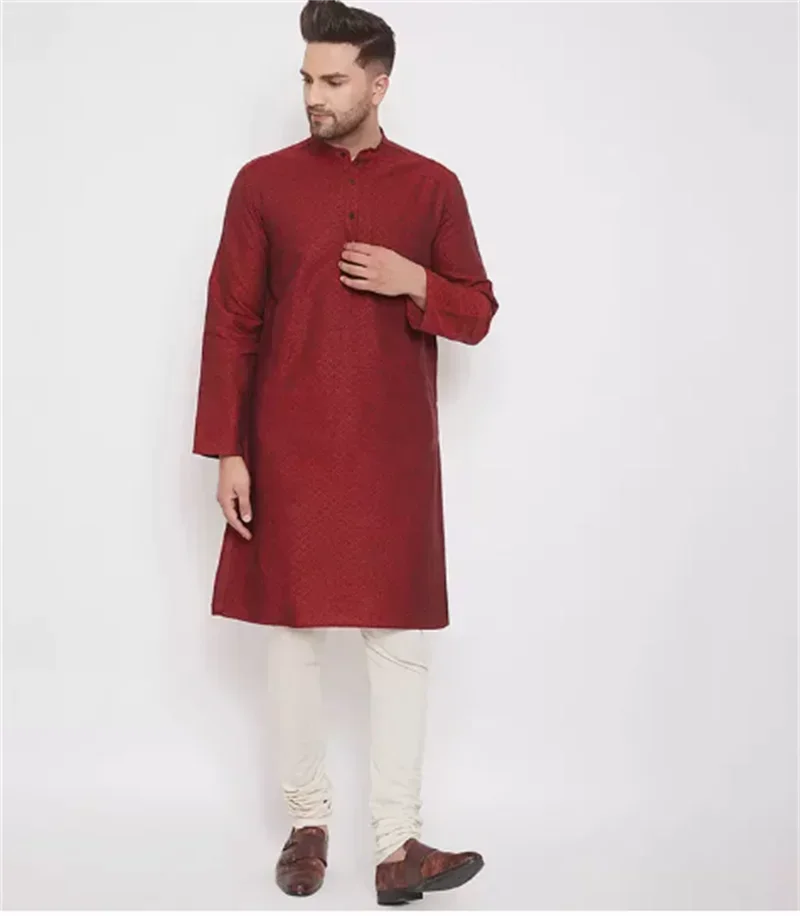 Indo Pakistani style pure cotton long sleeved casual ethnic style men\'s thin men\'s top with dark embroidery in jujube red color