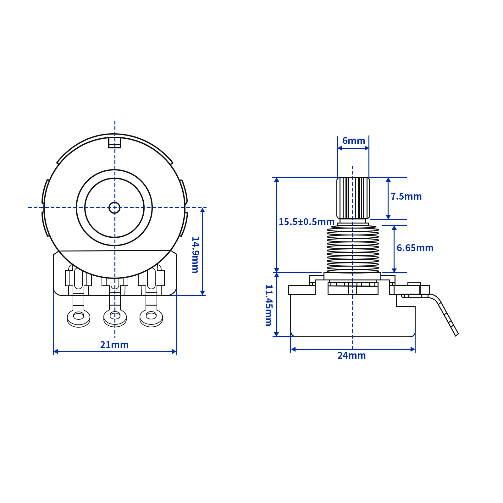 PHRILAM 24 سن نحاس 3/8 بوصة عمود قصير 15.5 مللي متر مقياس جهد الجيتار 250 كيلو/500 كيلو اختيار ، مقياس جهد عمود النحاس البريطاني #6