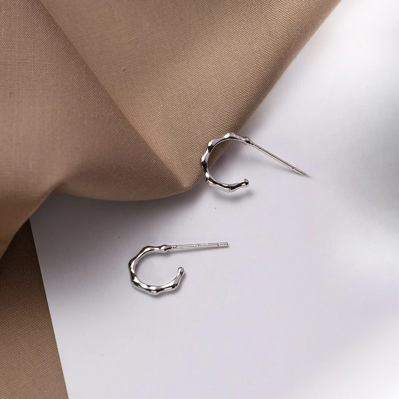 Fashion Minimalist 925 Sterling Silver Semi-circle Bamboo-shaped Stud Earrings for Women Girls Korean Jewelry Accessories Gifts