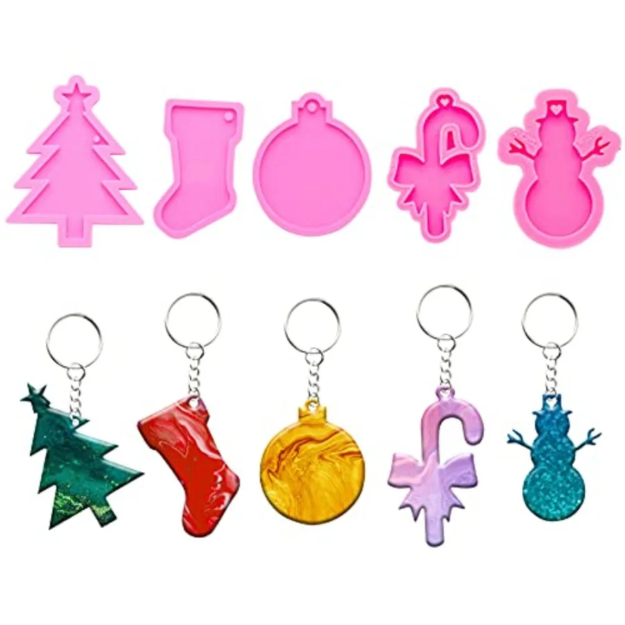 45Pcs Christmas Style Resin Molds Kit - Christmas Tree/Sock/Round Ornament/Snowman/Crutches Shape with Hole Keychain Pendant Si