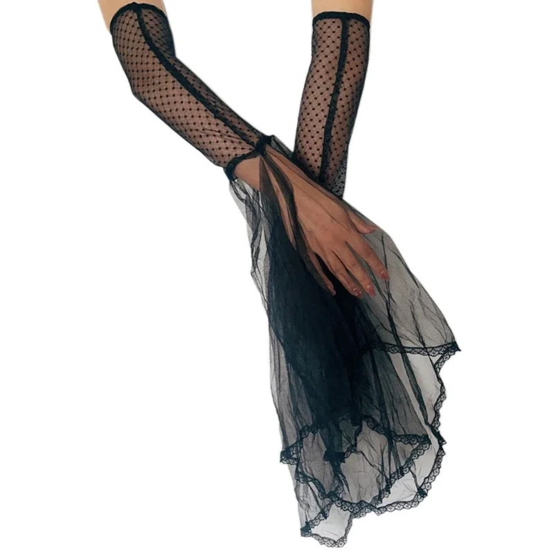 Decorative Cuff Sleeves Black Long Lace Gloves Halloween Cocktail Party Dress Up