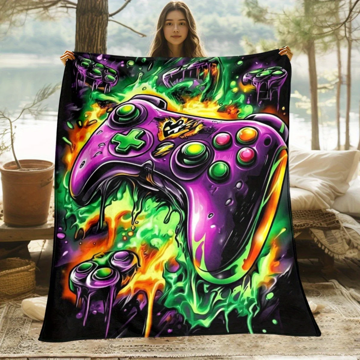 1pc Gaming Flannel Throw - Ultra Soft with Game Controller Design, All-Season for Couch, Bed, Travel - Perfect Gamer Gift