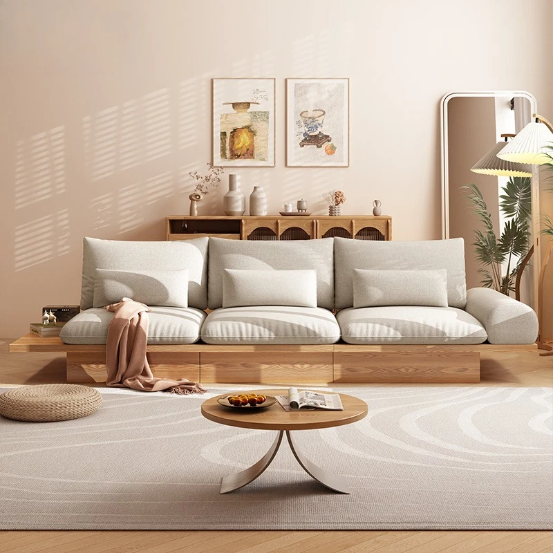 

Log wabi sand wind sun board sofa solid wood frame living room small apartment Nordic simple storage three-person