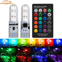 2Pc RGB Car LED Bulb T10 W5W 6SMD Atmosphere Clearance Side Lamp for Door Reading Dome Interior Lighting with Remote Control 12V