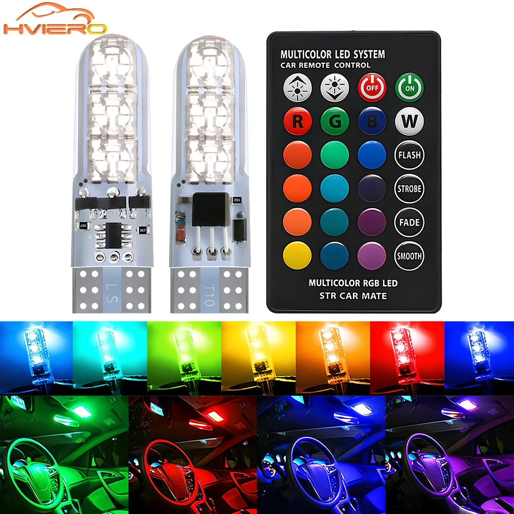 2Pc RGB Car LED Bulb T10 W5W 6SMD Atmosphere Clearance Side Lamp for Door Reading Dome Interior Lighting with Remote Control 12V