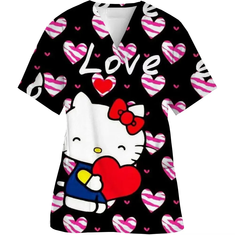 

Женская униформа медсестры Hello Kitty, футболка, топ с принтом Hello Kitty Enfermera, топы с короткими рукавами и воротником, рабочая униформа, рубашки с карманами