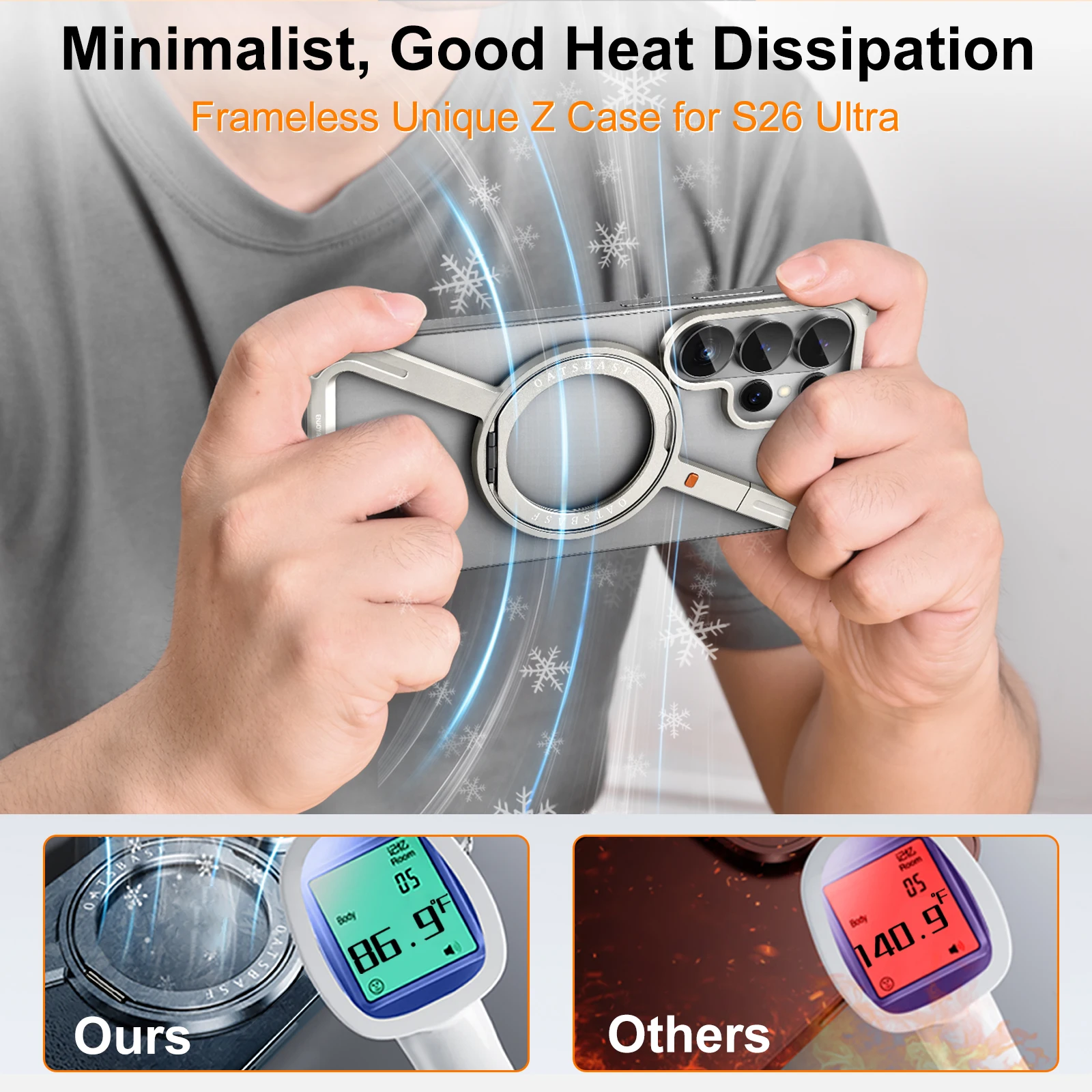 

Минималистичный чехол Oatsbasf для телефона Samsung Galaxy S26U с 360° ° Поворотная подставка, алюминиевый металлический безрамный дизайн, чехол-бампер