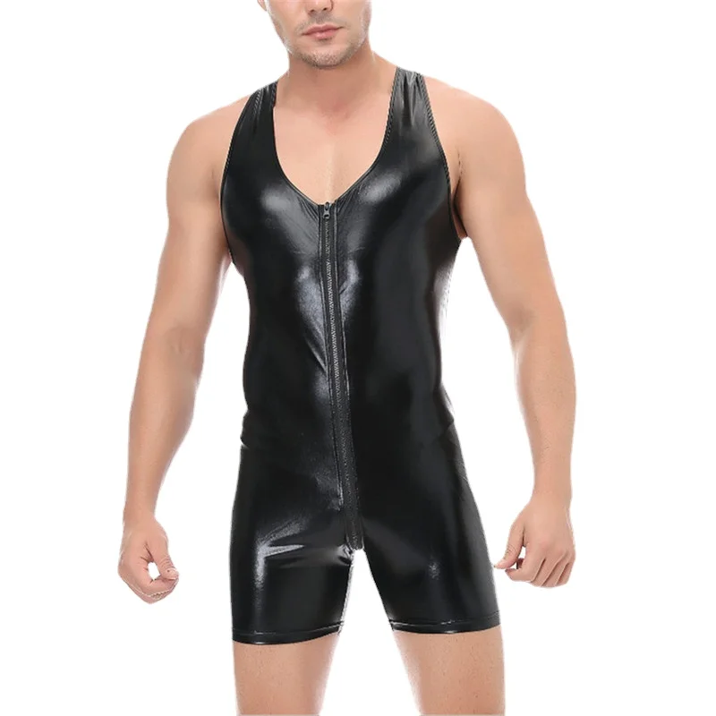 Sexy Mens PU Leather Bodysuits Wrestling Singlet Male Zipper Open Crotch Boxers Jumpsuits Stage Nightclub Leotard Dance Clubwear