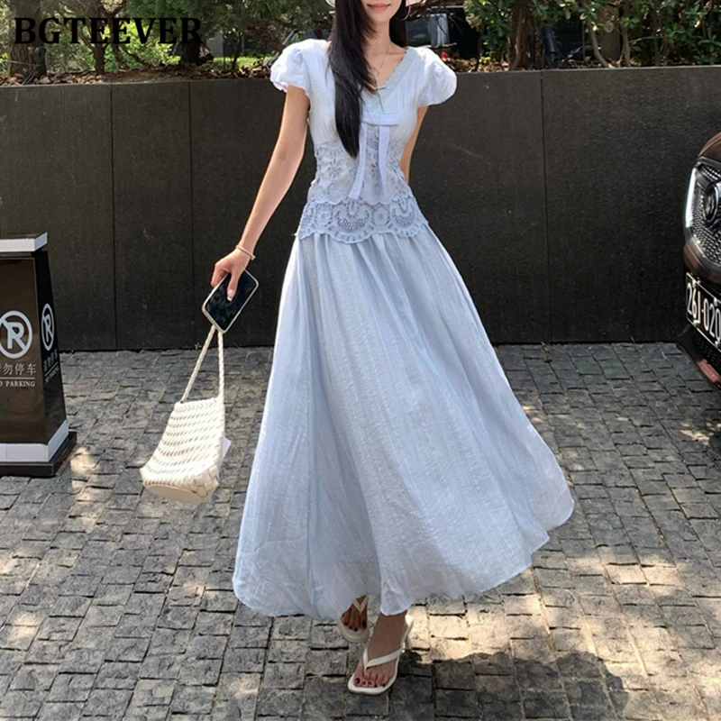 

BGTEEVER повседневное платье трапециевидной формы с v-образным вырезом и бантом на тонкой талии для женщин, модное женское платье средней длины с пышными рукавами, летние женские платья