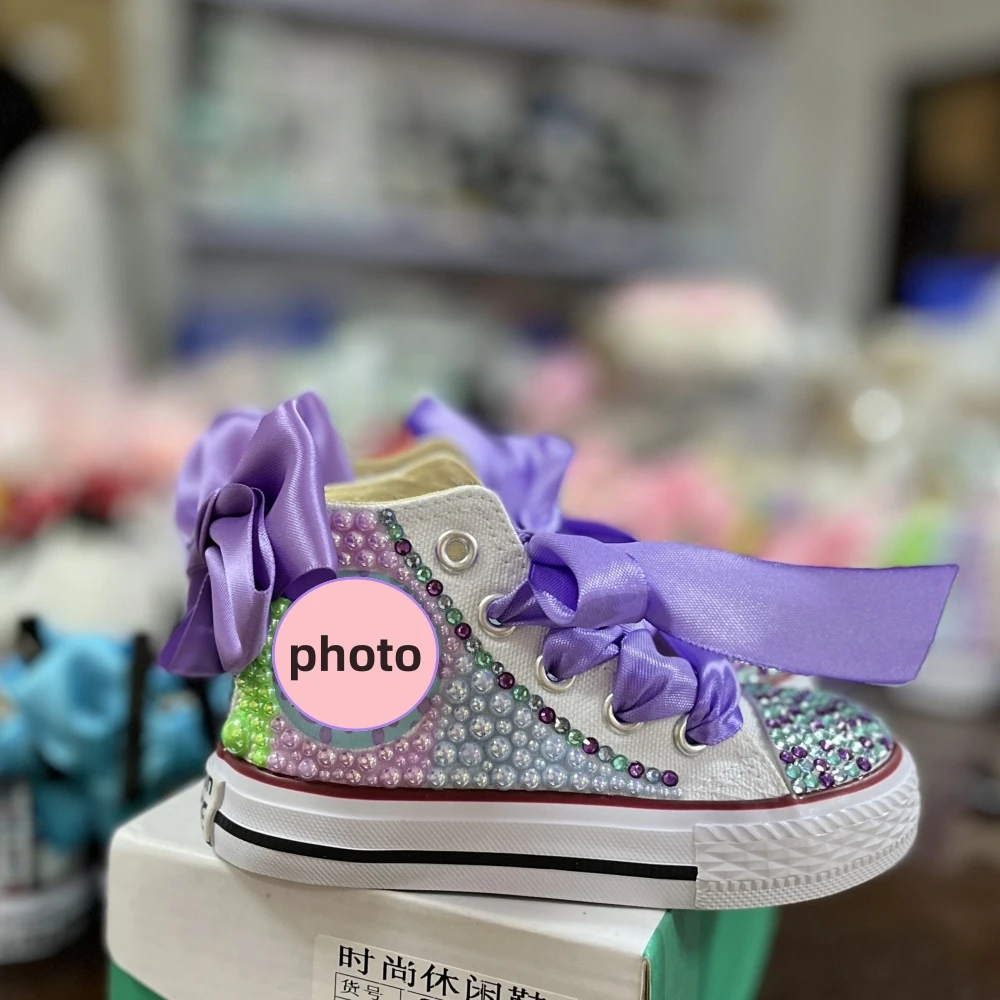 Kids Shoes Name Photo Custom Design For Girl Birthday Party Canvas Dollbling Handmade Bling Rainbow Pearls Sneakers