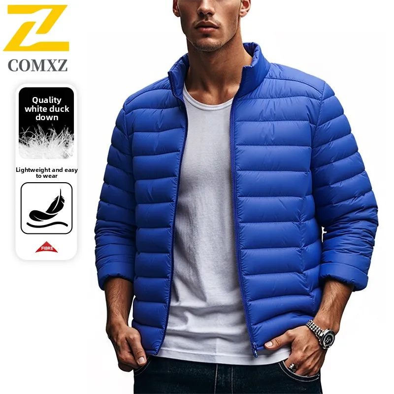 

2025 New Men Cotton Coat Solid Color Lightweight Weatherproof Standing Collar White Goose Down Parka Outdoor Casual Down Jacket
