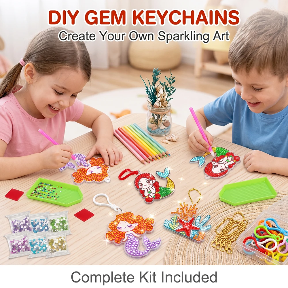 Mermaid DIY 5D Diamond Painting Keychain Kit for Kids, Ocean Mermaid Rhinestone Art Craft Set with Full Tools, Screen-Free Educa